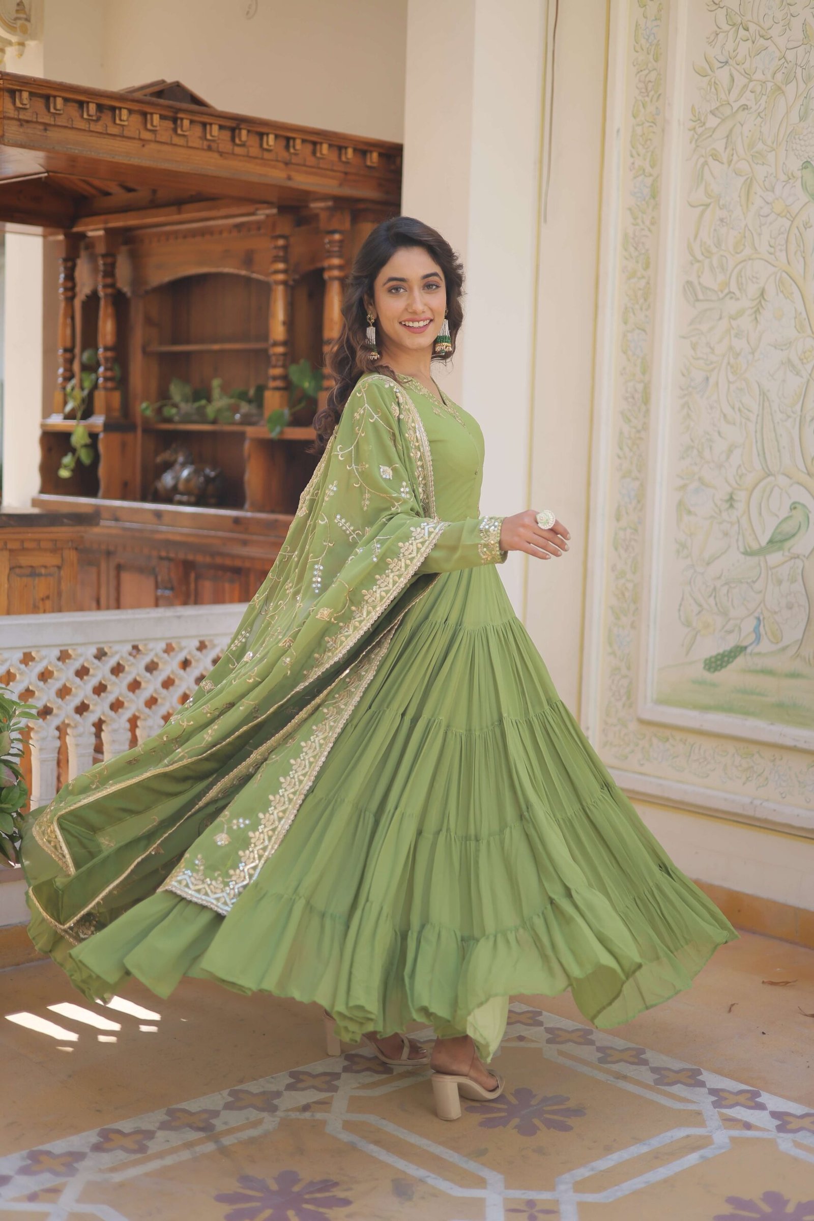Green Faux Georgette Designer Gown with Sequined Dupatta ? Fully Flared Elegant Ready-to-Wear Set - Image 6