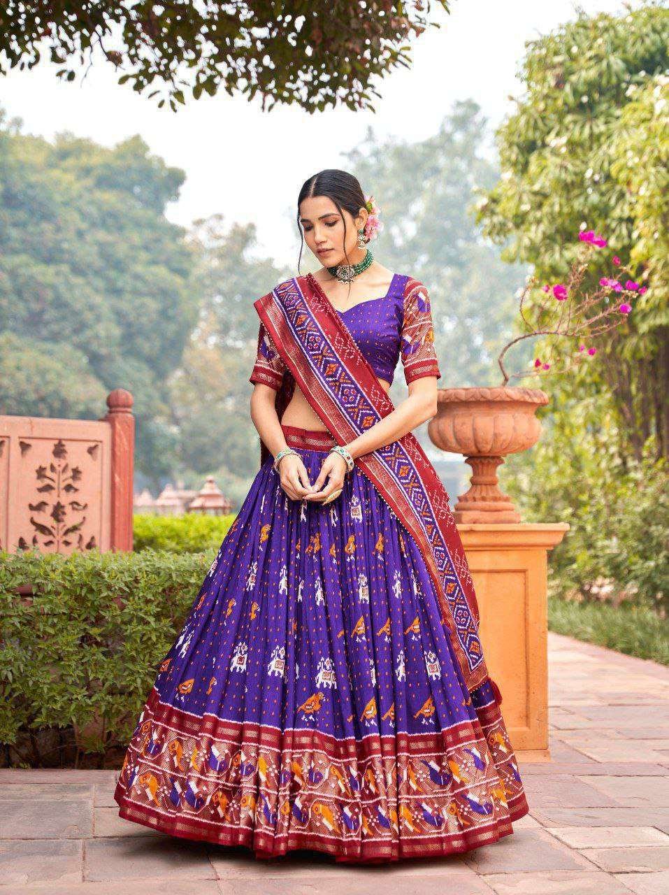 Blue Tussar Silk Lehenga Choli with Magenta Blue Blouse | Patola Print & Foil Work | Wedding & Festive Wear - Image 2