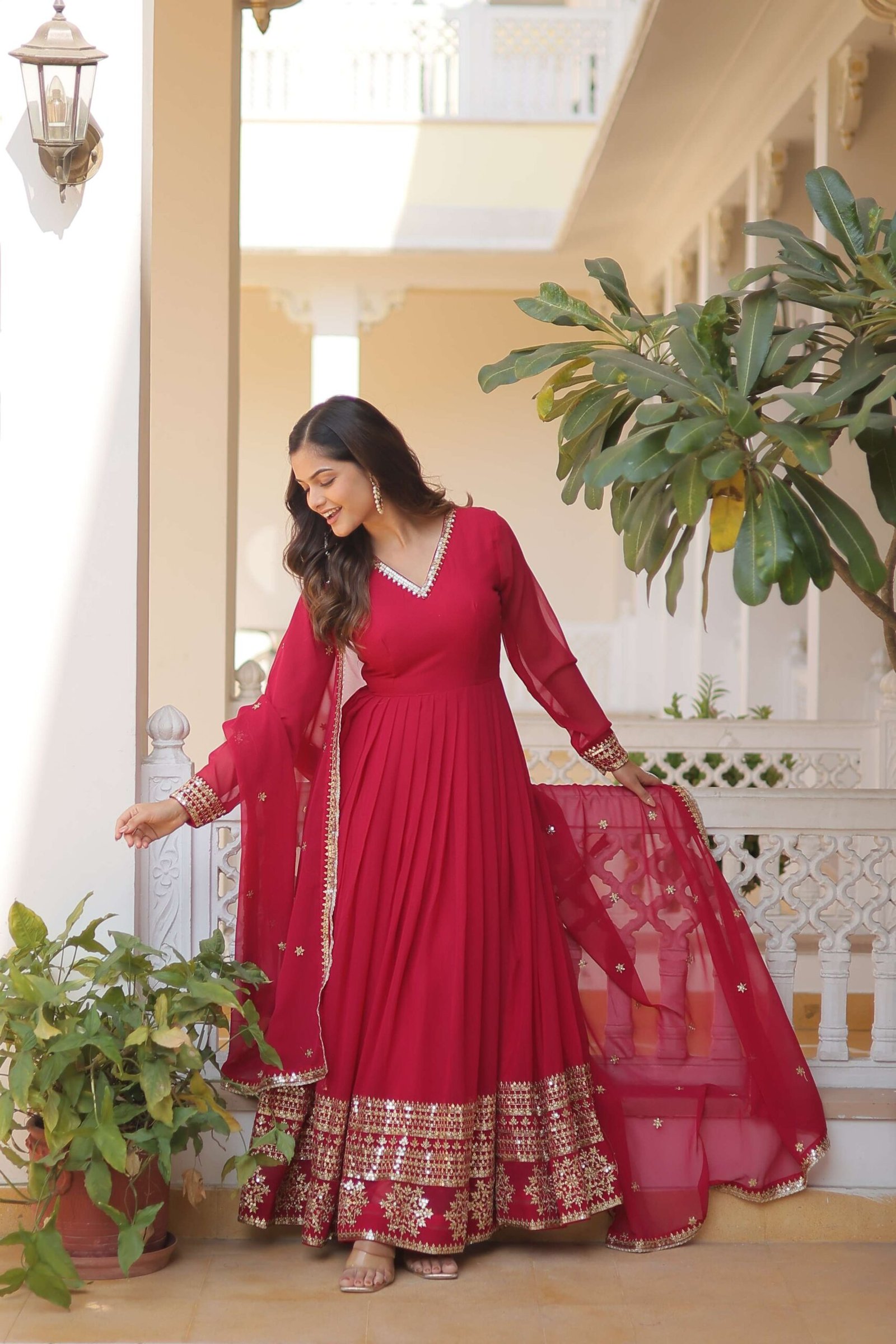 Pink Faux Blooming Gown with Sequined Dupatta ? Elegant Fully Flared Party & Wedding Set