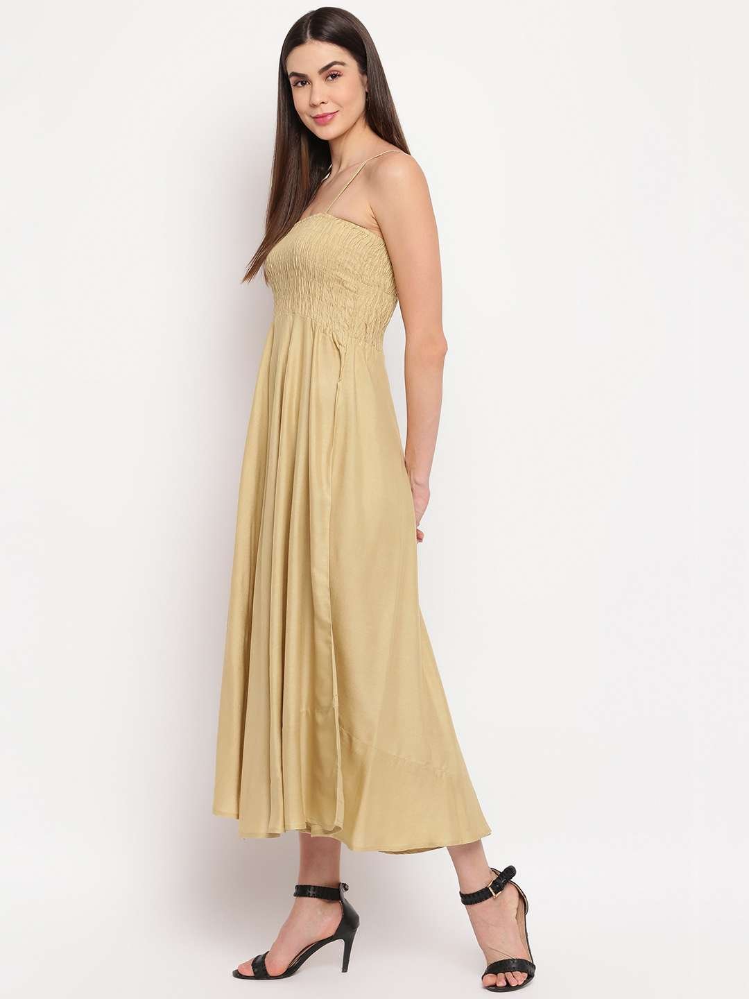 Women's Viscose Rayon Solid Shoulder Straps Sleeveless Flared Gown Drees (Beige)