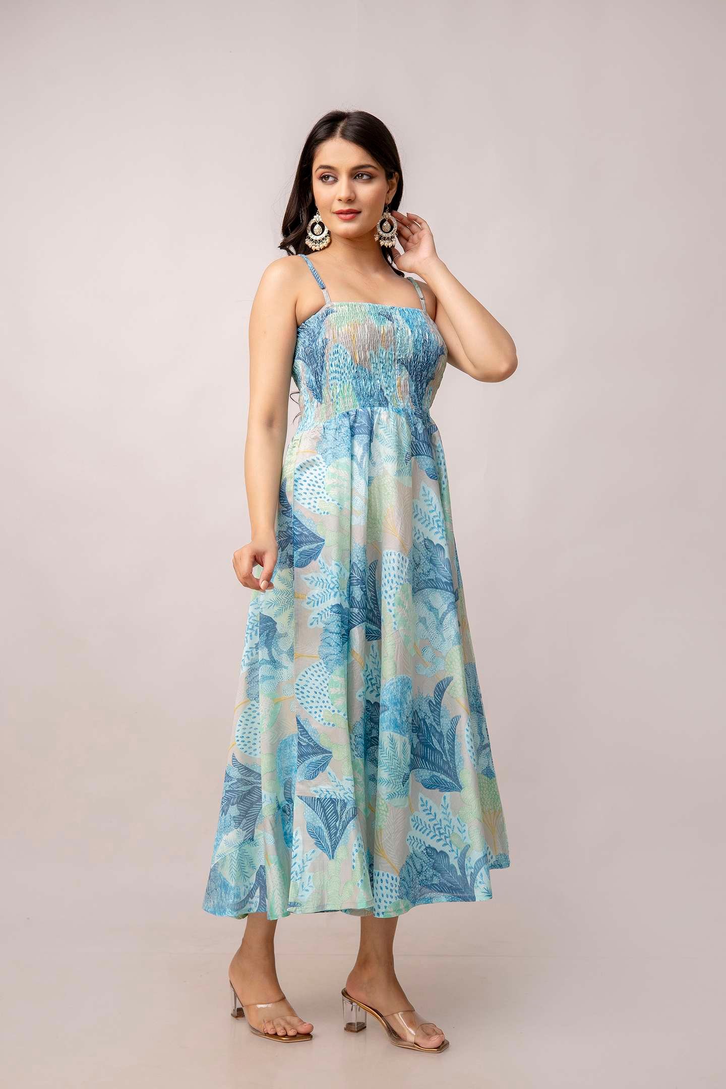 Women's Silk Printed Shoulder Straps Sleeveless Anarkali Gown Drees (Sky Blue)