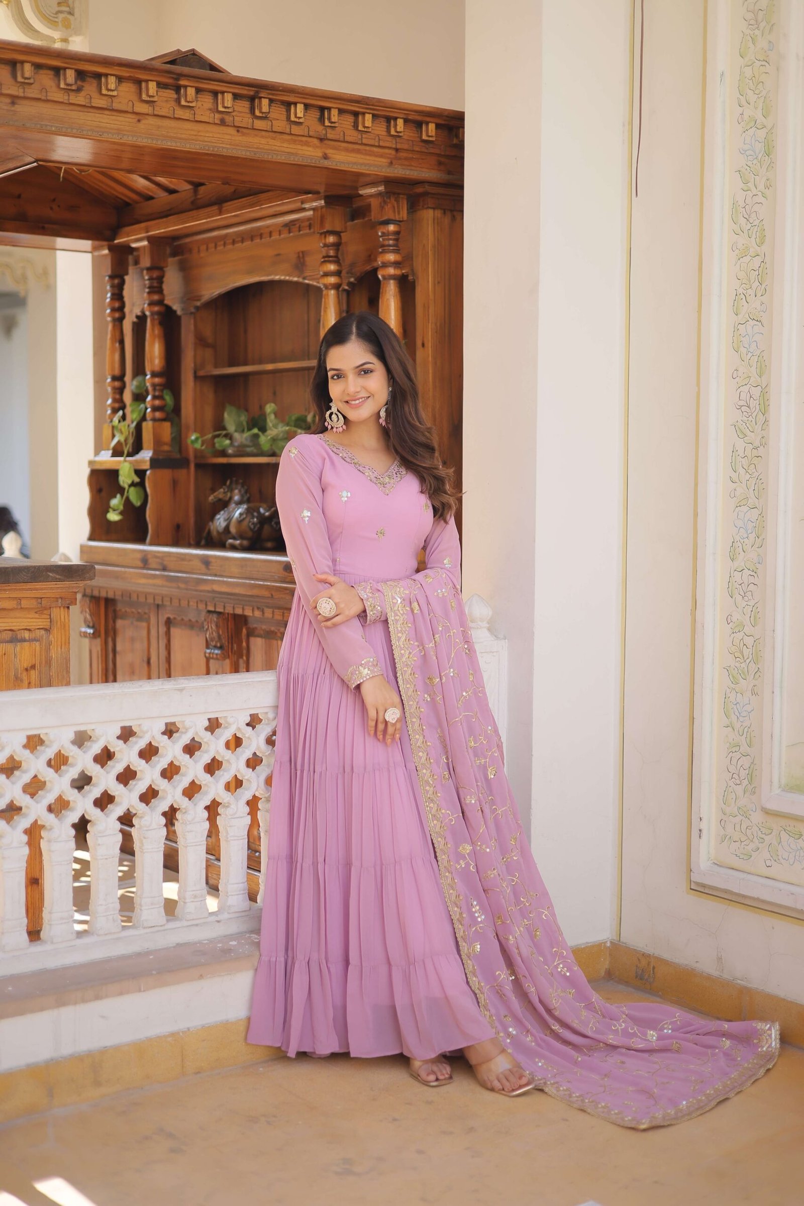 Purple Faux Georgette Designer Gown with Sequined Dupatta ? Fully Flared Elegant Ready-to-Wear Set - Image 6