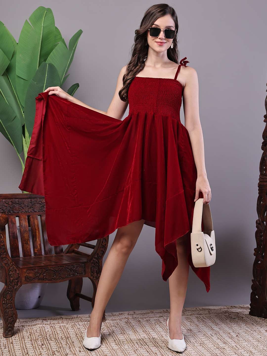 Women's Junglee Velvet Maroon Handkerchief Hem Dress