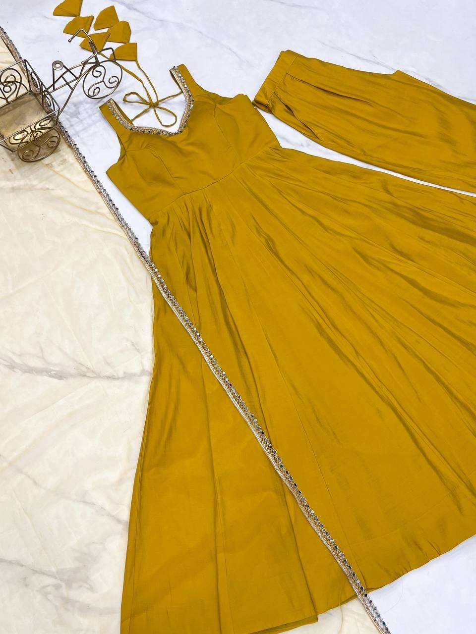 Womens Pure Romansilk Chanderi Anarkali Kurti with Pant & Dupatta Set - Image 8