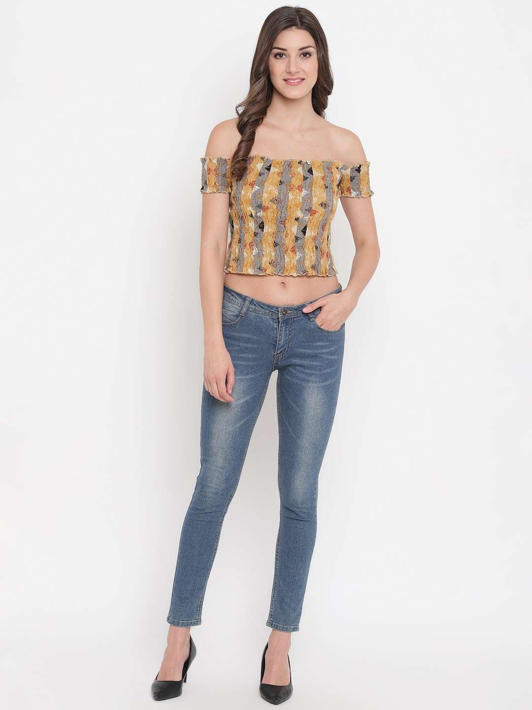 Women's Rayon Printed Off-Shoulder Smocked Crop Top Short Sleeve Casual Styles Tank Top (FREE SIZE) Multi40 - Image 3